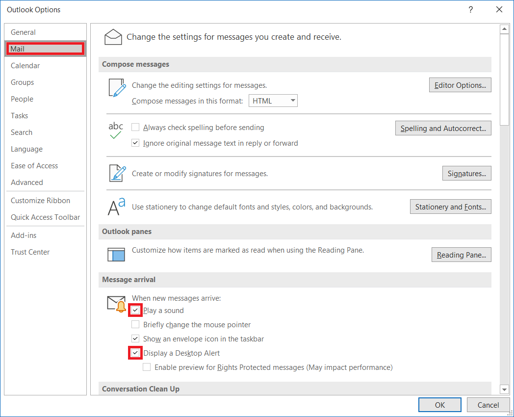 configure outlook app notifications to fix Microsoft Outlook email notifications or sound not working on Windows 10 or macOS