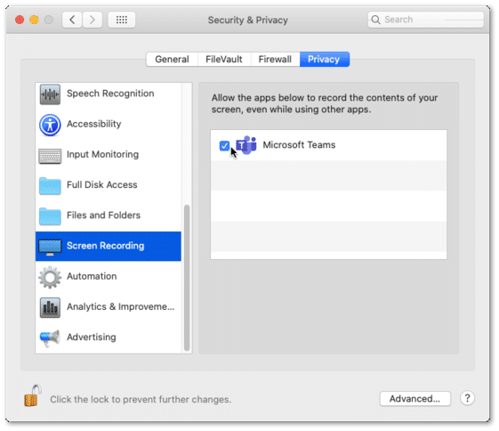 enable screen recording permissions and access for Microsoft Teams app on macOS to fix Microsoft Teams screen share black/blank screen or not working