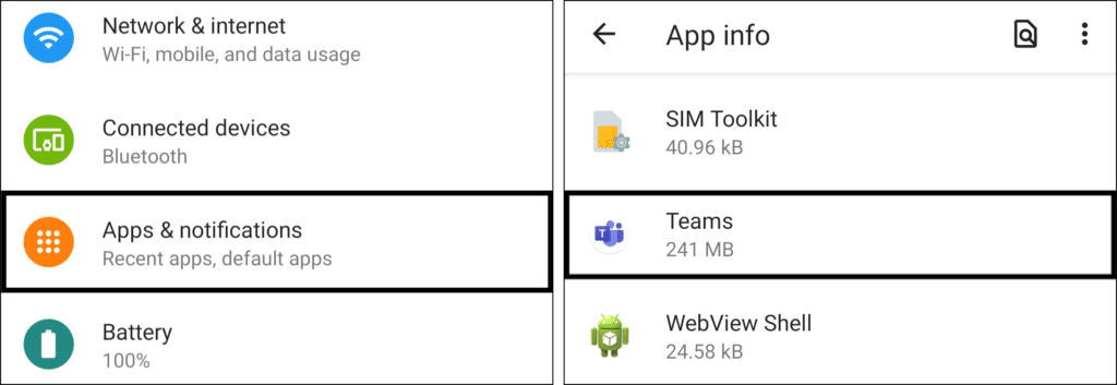 access Microsoft Teams app settings in system settings on Android to clear the cache data to fix Microsoft Teams images, pictures, photos, GIFs, videos not showing, loading, displaying or playing