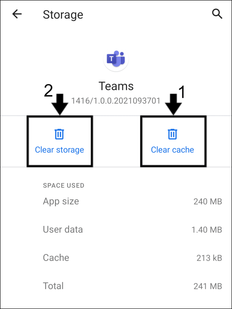 clear Microsoft Teams app cache and data on Android to fix teams files and folders not uploading or syncing