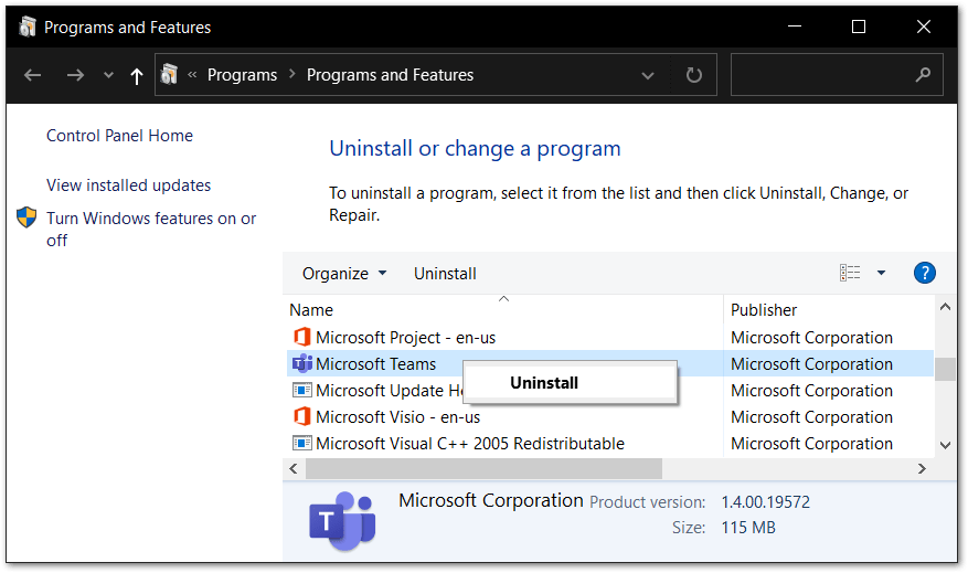 uninstall Microsoft Teams app on Windows to reinstall it to fix Microsoft Teams screen share black/blank screen or not working