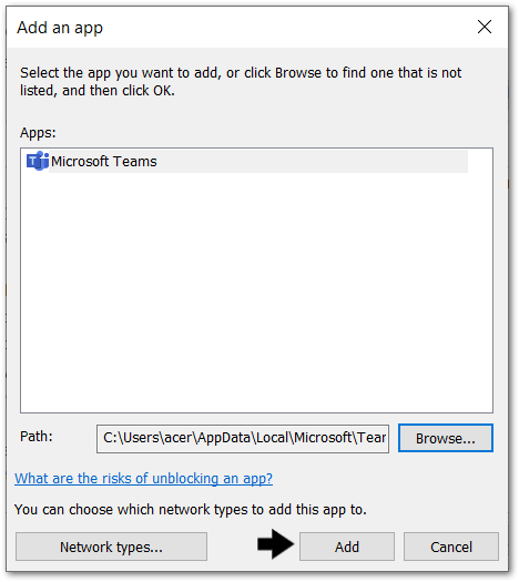 allow Teams app through the firewall on Windows to fix Microsoft Teams screen share black/blank screen or not working