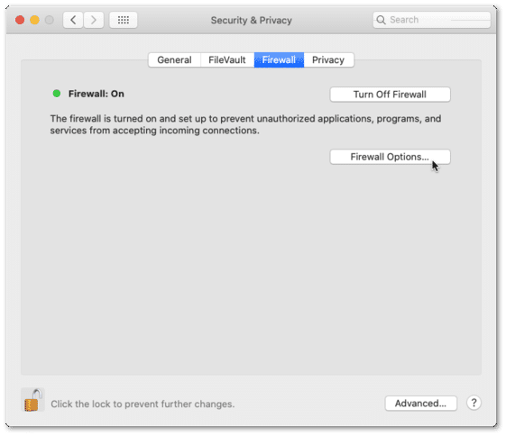 check firewall settings on macOS to turn it off or allow an app through to fix Microsoft Teams screen share black/blank screen or not working