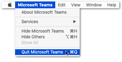 completely close Microsoft Teams app to restart on macOS to fix Microsoft Teams no sound, poor audio quality, voice delay, echo issue or unmute/microphone not working, detected or recognizing