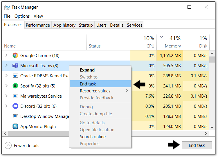 completely close app to restart on Windows through Task Manager to fix the YouTube "No Internet Connection" or "You're Offline"network  error