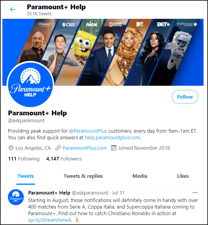contact Paramount Plus Support Center through Twitter page to fix Paramount Plus keeps buffering, not working, playing or loading