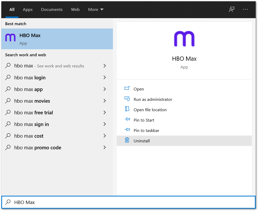 completely uninstall HBO Max app on Windows to reinstall it to fix can't log in to HBO Max or the sign in button is not working greyed out