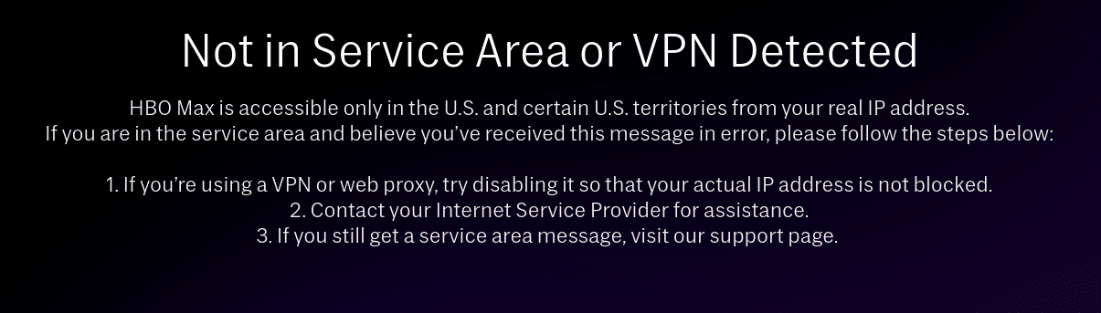 HBO Max Not in Service Area or VPN Detected