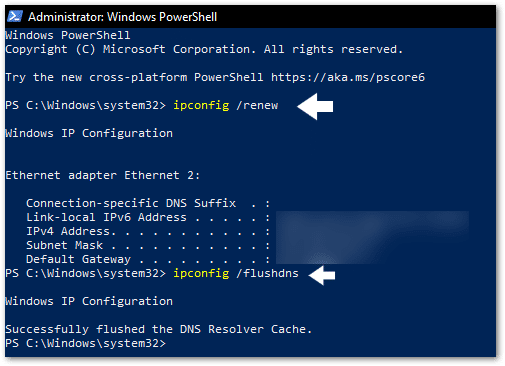 refresh IP address and flush DNS cache through powershell on Windows to fix Microsoft Teams chat messages not sending, showing, loading or working