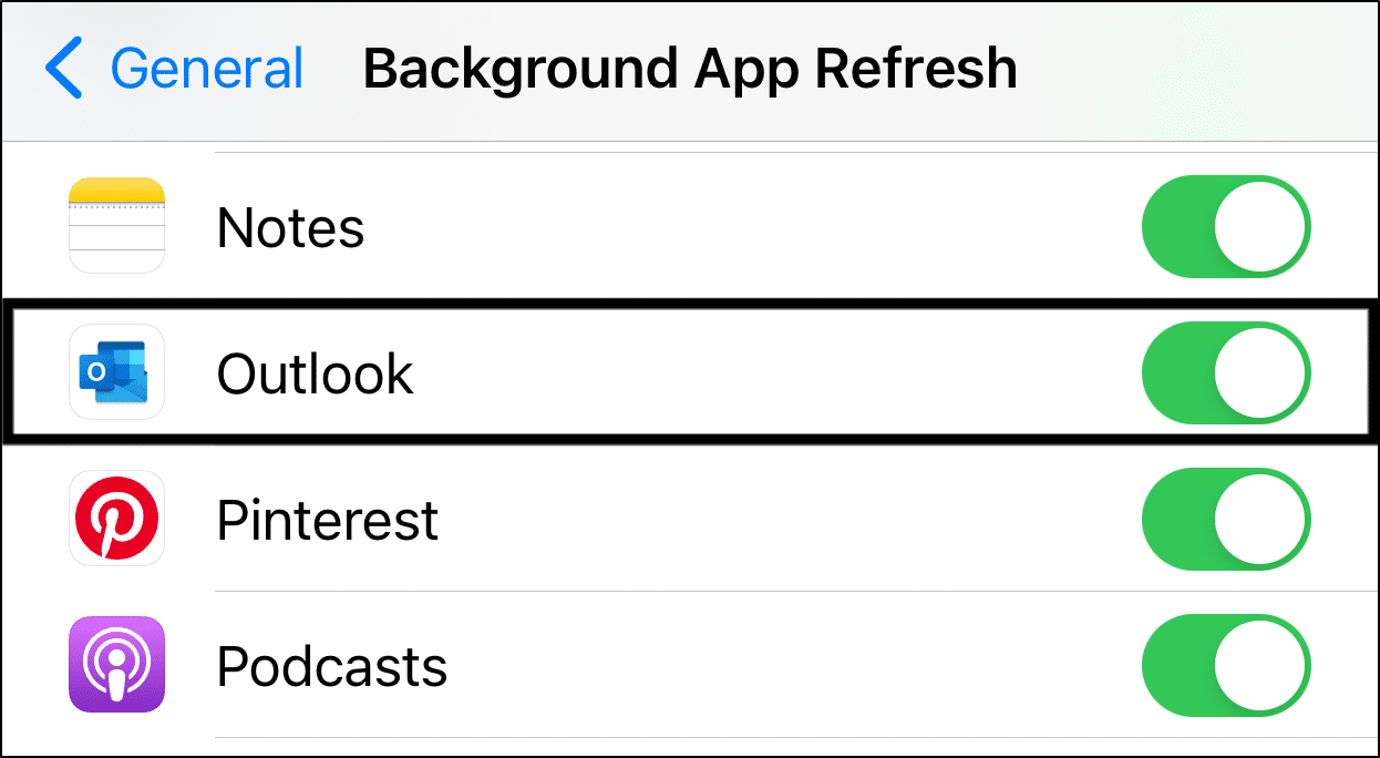 allow background data usage for Microsoft Outlook app on iOS to fix Microsoft Outlook app email notifications not working on iOS or iPhone, iPad