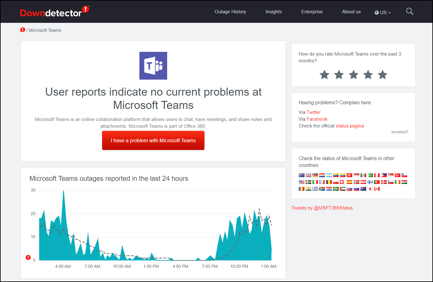 Check Microsoft Teams server status on Downdetector if chat messages not sending, showing, loading or working