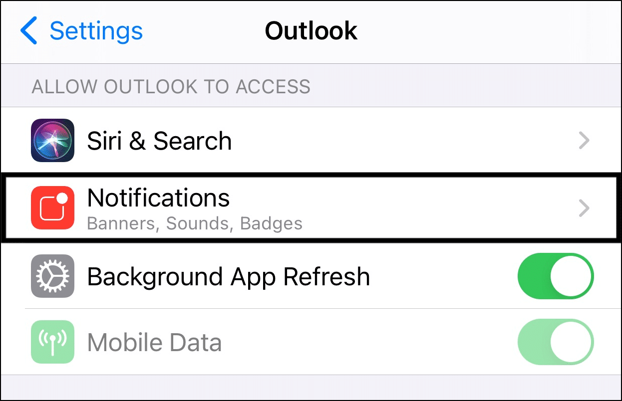check and enable Microsoft Outlook notification settings through system settings to fix Microsoft Outlook app email notifications not working on iOS