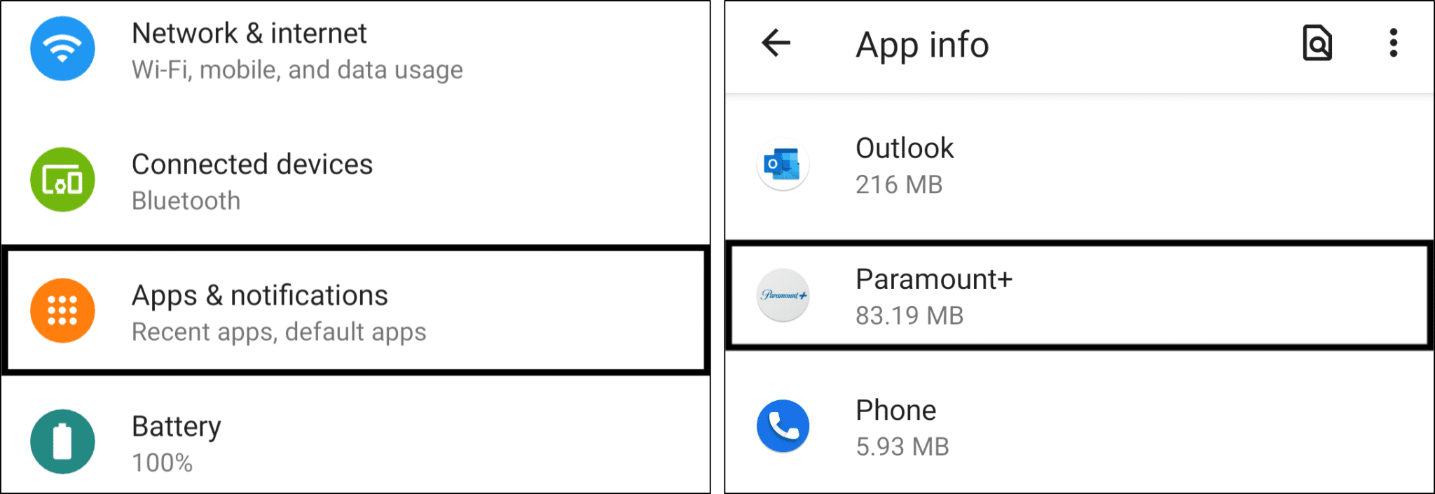 access Paramount Plus app settings in system settings on Android to clear app cache and data to fix Paramount Plus keeps buffering, not working, playing or loading