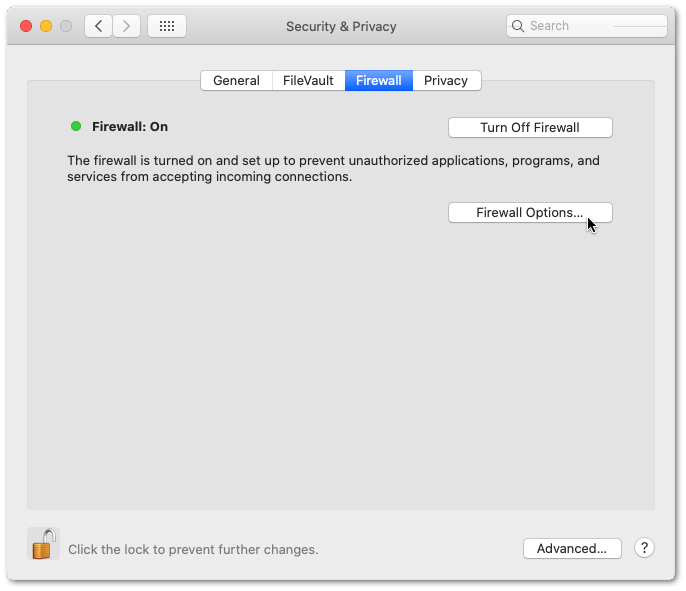 check firewall settings on macOS to turn it off or allow an app through