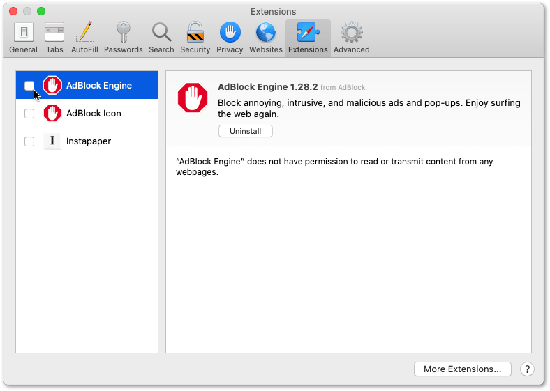 disable adblock extension on safari web browser on macOS to fix gmail search not working or finding emails correctly