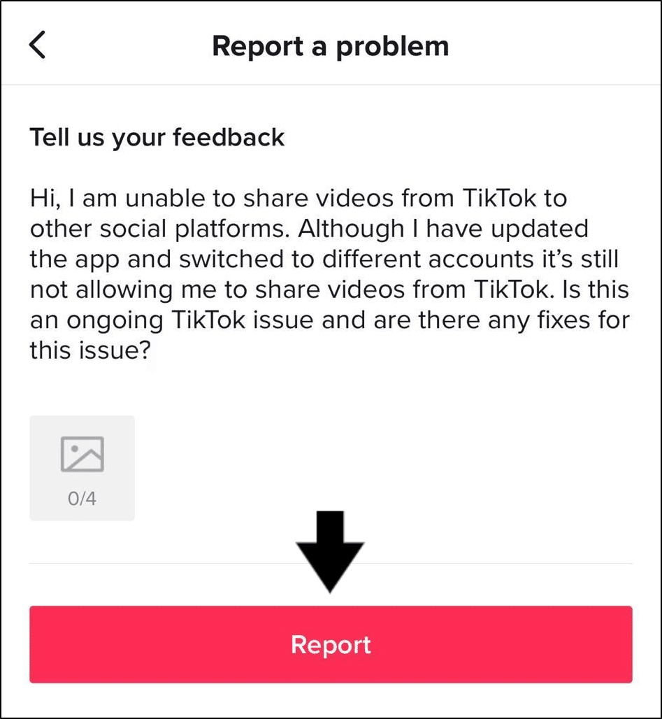 report sharing issue to TikTok support to fix can't share TikTok videos or video sharing not working