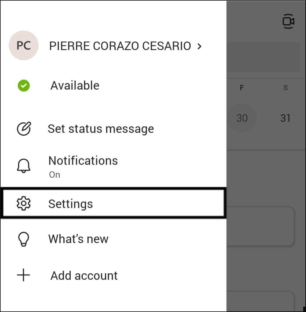 access settings menu on Microsoft Teams mobile app on Android or iOS to log out and log back in to fix Microsoft Whiteboard not launching, showing, loading or working with Teams