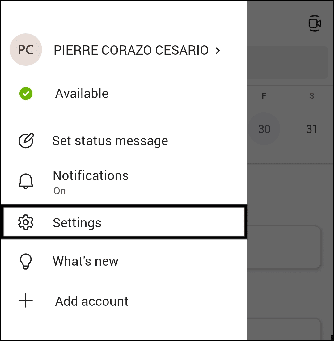 access settings menu on Microsoft Teams mobile app on Android or iOS to sign out and back in to fix Microsoft Teams chat messages not sending, showing, loading or working