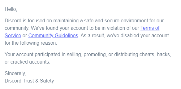email from discord saying account disabled can't log in or keep logging out