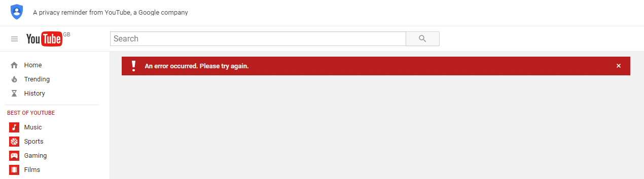 YouTube error "An error occurred. Please try again." or Search Bar and Filters Not Working or Showing Results