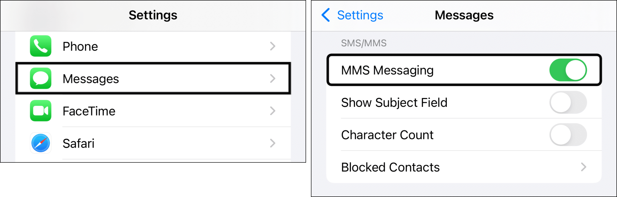 enable MMS messaging on iOS to fix Facebook Messenger not sending, working, receiving, showing or loading messages