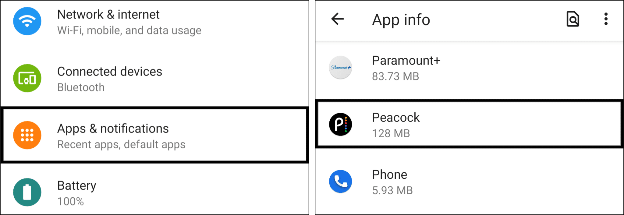 access Peacock TV app settings in system settings on Android to clear app cache and data to fix Peacock TV buffering, not loading or working