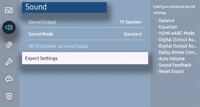 Enable and configure lip/sync/audio output delay settings on Samsung TV to fix Netflix no sound, audio problems/issues or volume not working