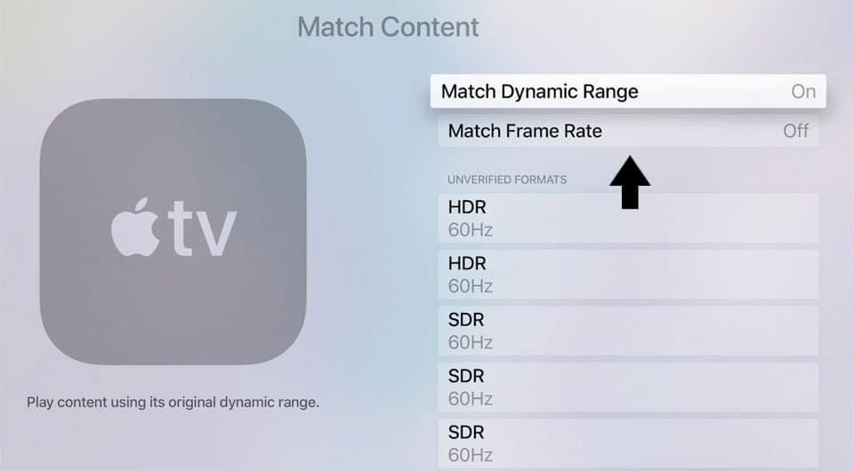 disable Match Frame Rate through Apple TV settings to fix Netflix no sound, audio problems/issues or volume not working