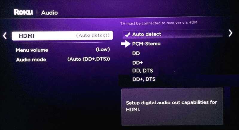 Edit the Dolby Digital Audio settings on Roku TV to fix Netflix no sound, audio problems/issues or volume not working