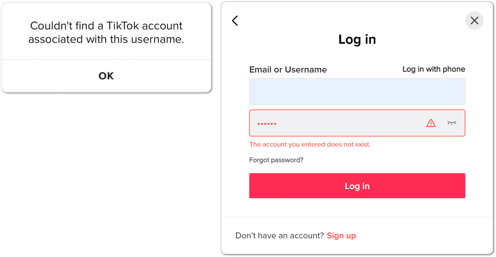TikTok "The account you entered doesn't exist" error message
