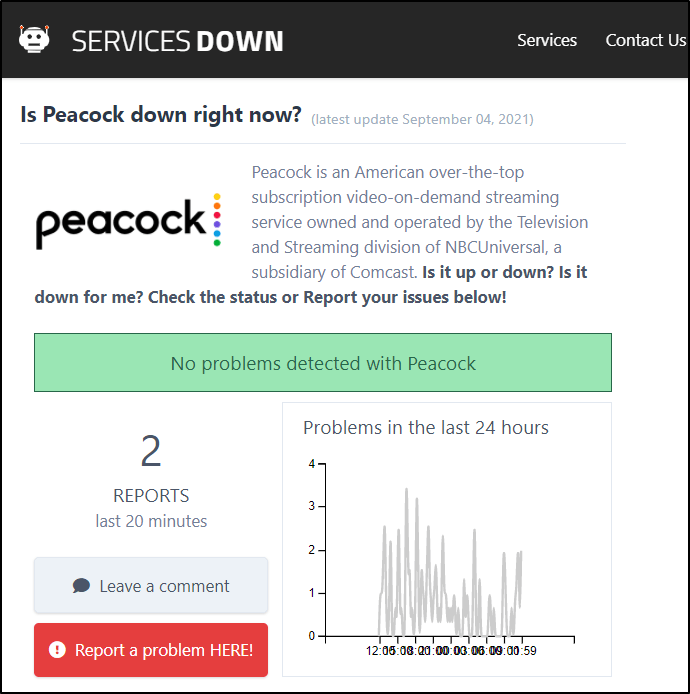 Check Peacock TV server status on ServicesDown if Peacock TV buffering, not loading or working