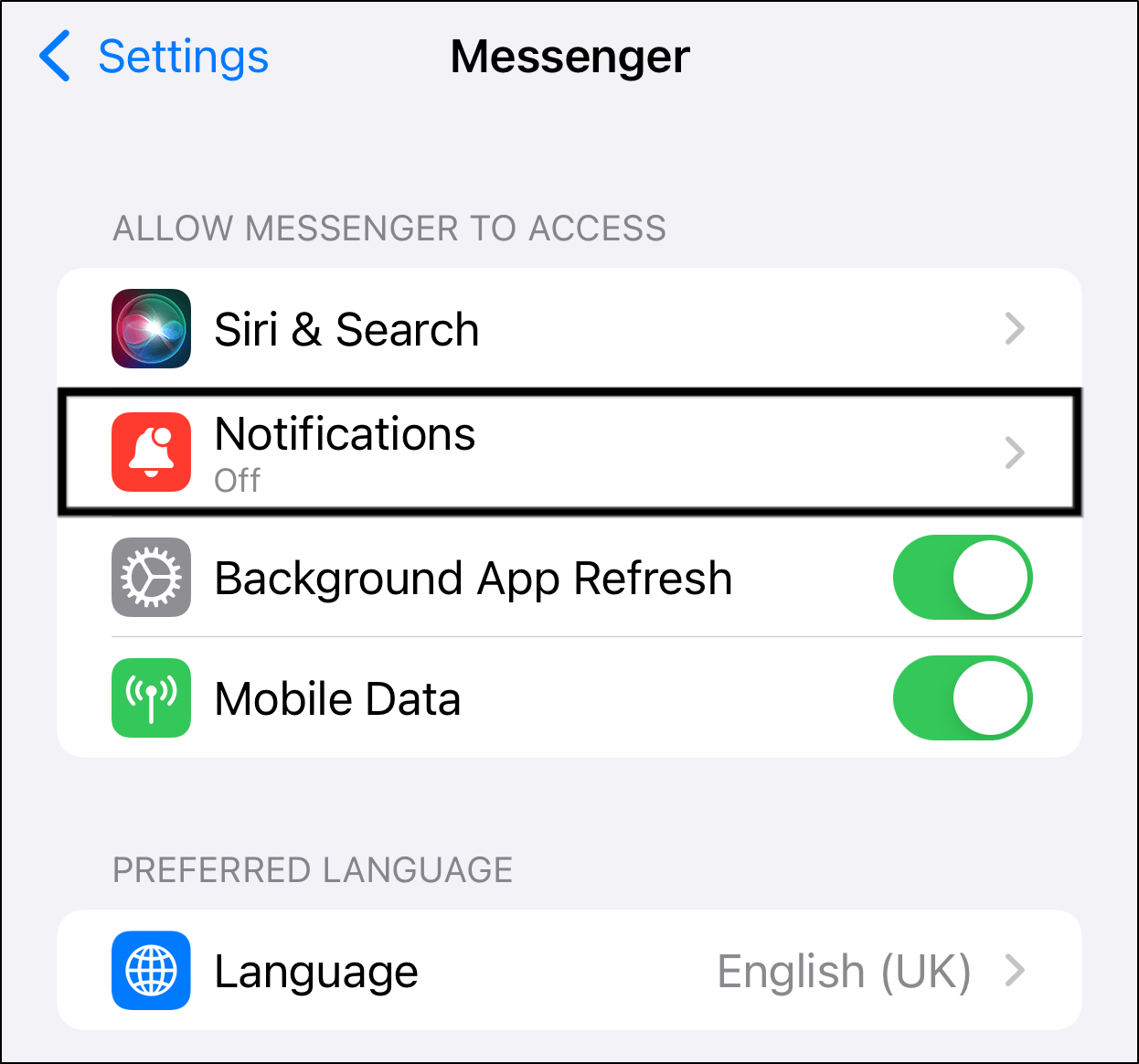 enable system notification settings for Facebook Messenger app to fix messages not sending, working, receiving, showing or loading