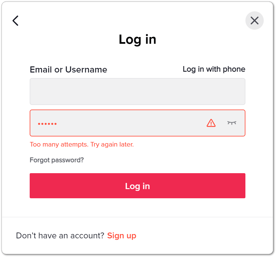 TikTok "Too many attempts. Try again later" error message or can't log in