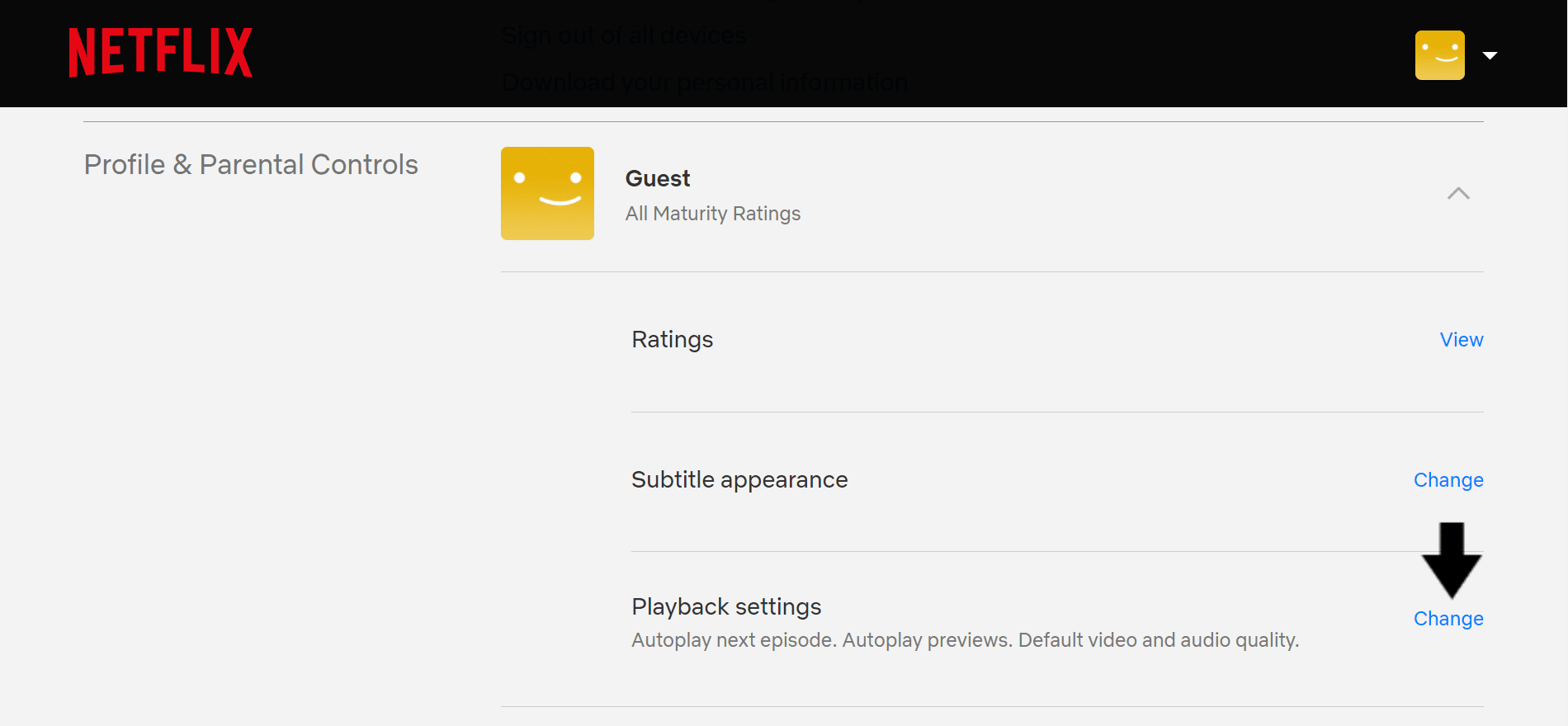 access Playback settings through Netflix account settings to lower streaming quality to fix Netflix no sound, audio problems/issues or volume not working