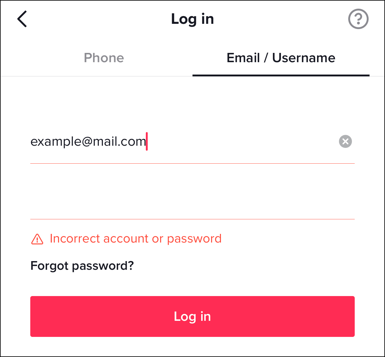 TikTok "Incorrect account or password" error message - can't log in to TikTok, "Too many attempts, please try again" error message, or login failed