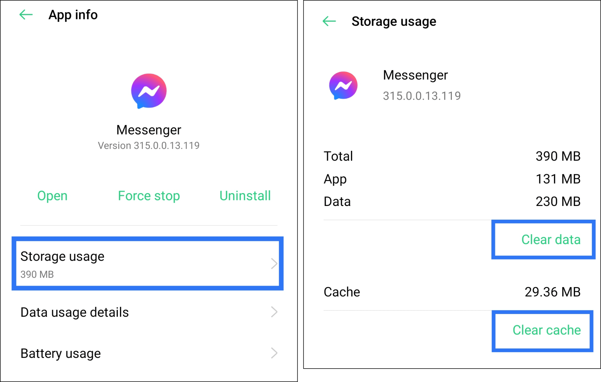 clear Facebook Messenger app cache and data to fix Facebook Messenger not sending, working, receiving, showing or loading messages