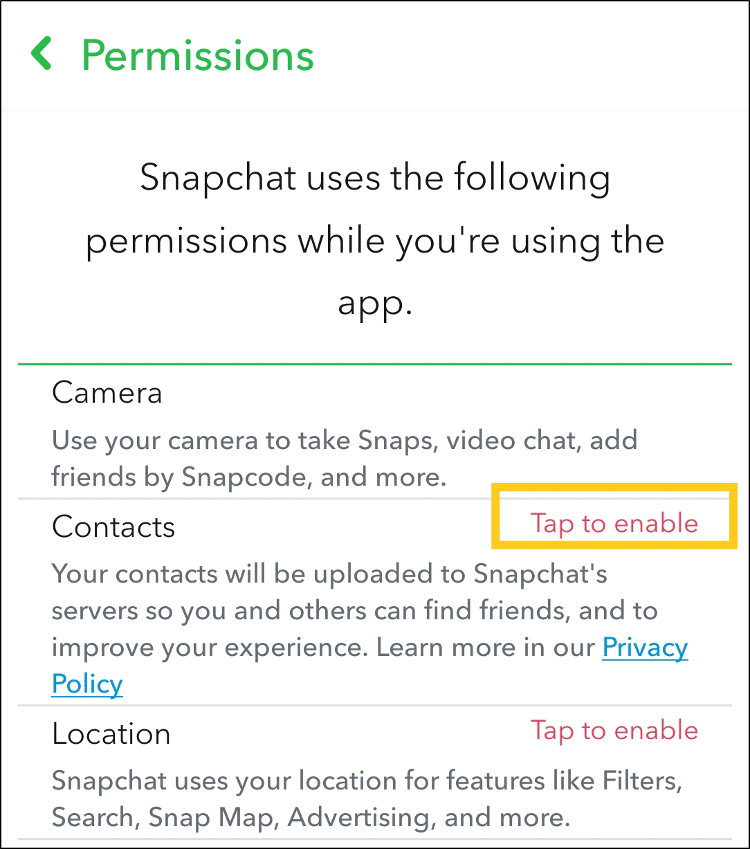 check and enable Snapchat app network and other permissions to fix can't log in, sign in to Snapchat, password not working, or Could Not Connect error