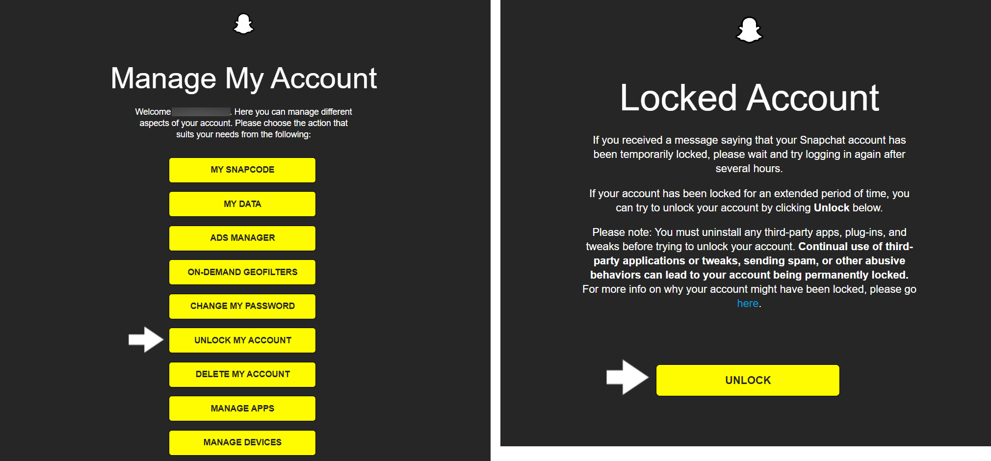 unlock Snapchat account through official website to fix can't log in, sign in to Snapchat, password not working, or Could Not Connect error