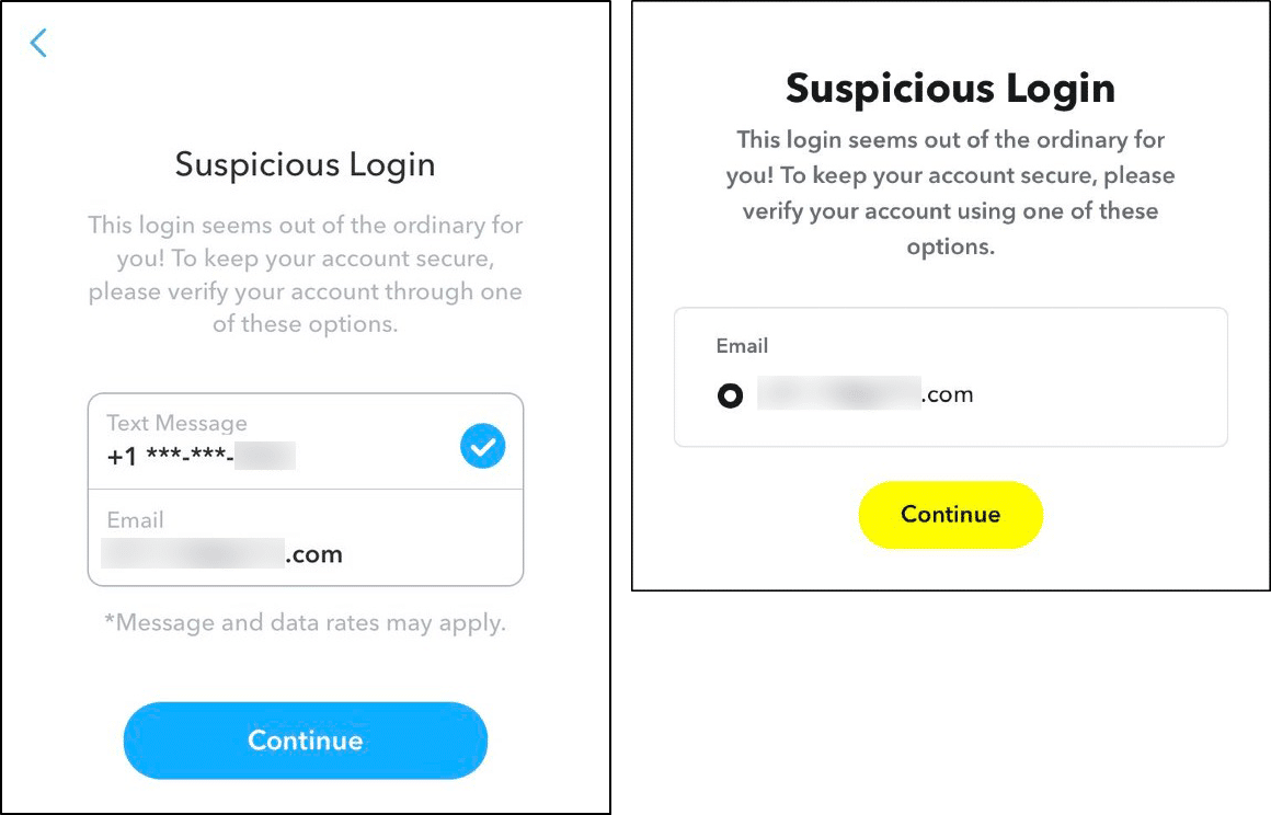 Snapchat suspicious login message and verify account - can't log in, sign in to Snapchat, password not working, or Could Not Connect error