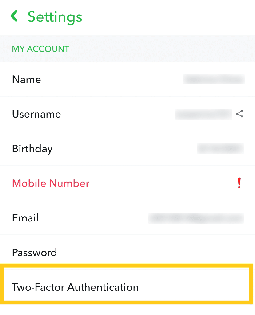 access two-factor authentication settings in Snapchat app settings to forget or unlink devices to fix can't log in, sign in to Snapchat, password not working, or Could Not Connect error