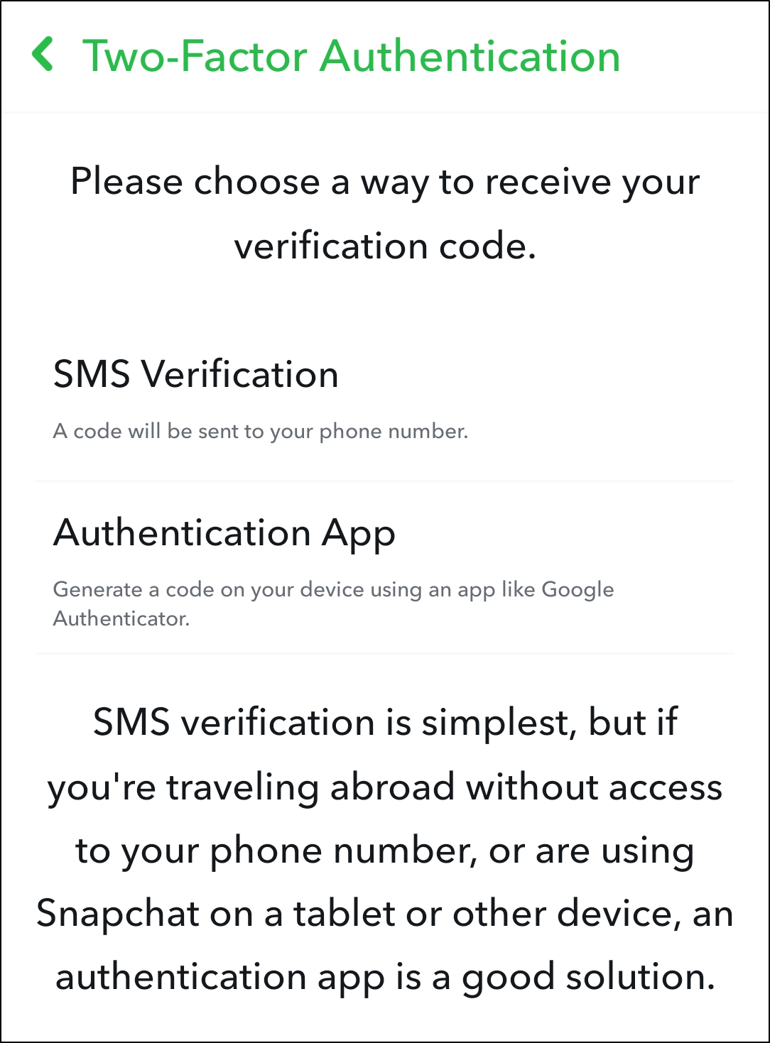 Set up two-factor authentication in Snapchat app settings to fix can't log in, sign in to Snapchat, password not working, or Could Not Connect error