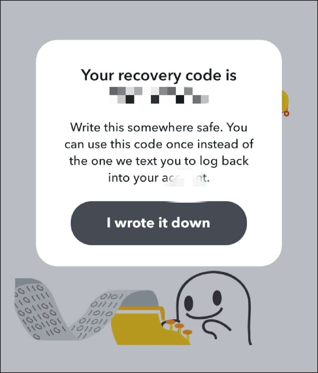 create recovery code for two-factor authentication in Snapchat app settings to fix can't log in, sign in to Snapchat, password not working, or Could Not Connect error