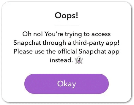 Snapchat "You're trying to access through a third-party app" error message - can't log in, sign in, password not working, or Could Not Connect error