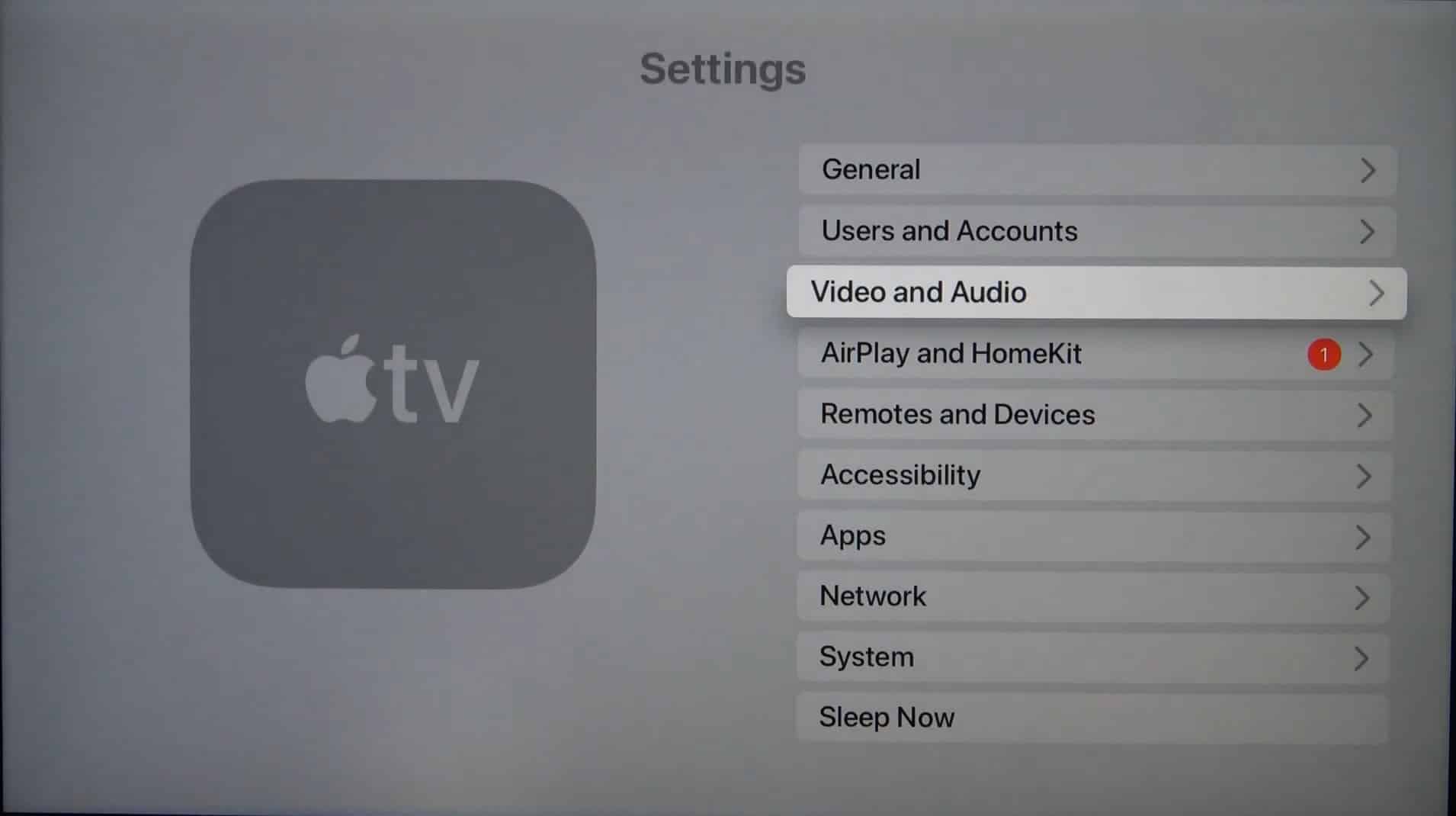 access Video and Audio settings on Apple TV to change Audio Format settings to fix HBO Max no sound, audio, or volume not working or playing
