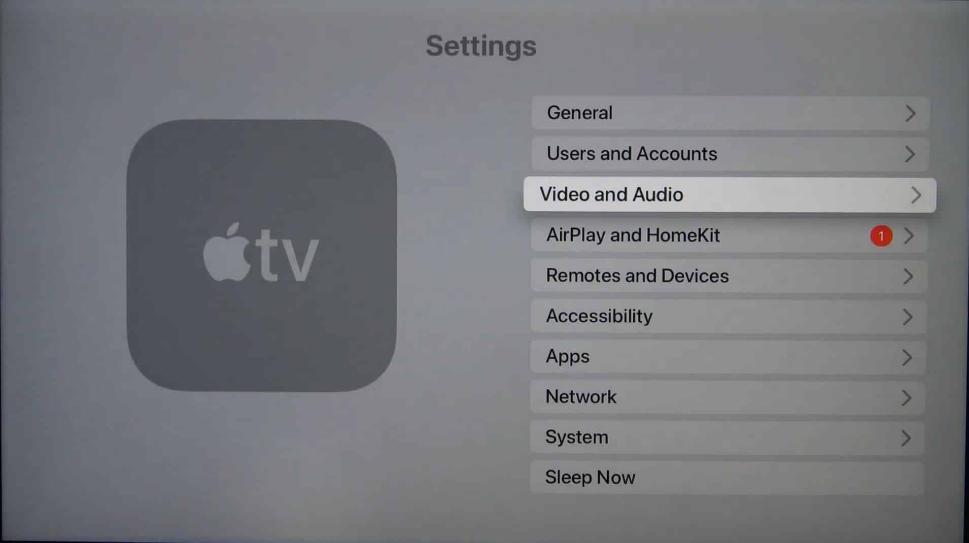 access Video and Audio settings on Apple TV to change Audio Output to fix HBO Max no sound, audio, or volume not working or playing