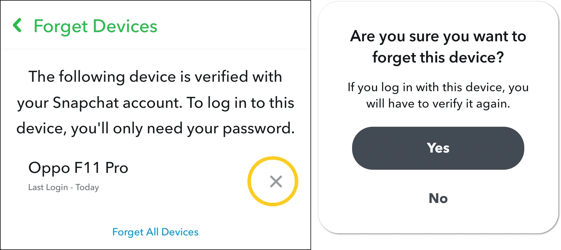 Forget any unrecognized linked devices to secure Snapchat account to fix can't log in, sign in to Snapchat, password not working, or Could Not Connect error