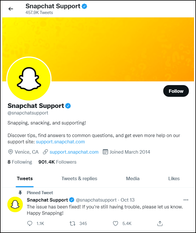 Contact Snapchat Support through their social media account such as Twitter to fix can't log in, sign in to Snapchat, password not working, or Could Not Connect error