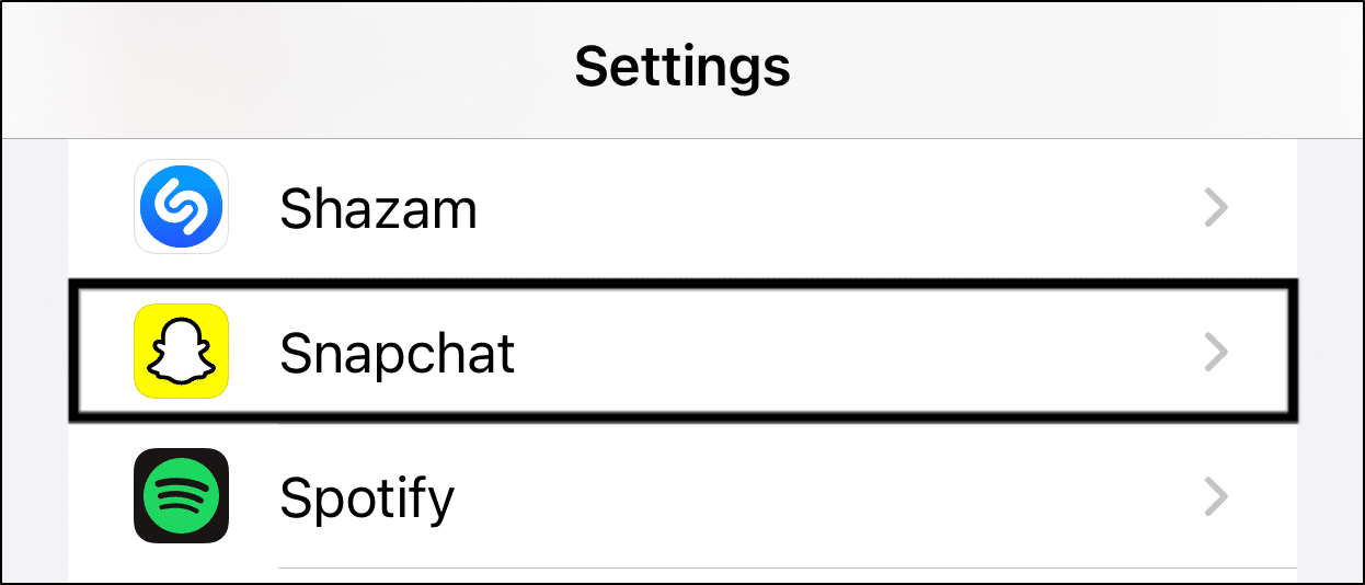 access Snapchat settings through system settings to enable network and other permissions to fix can't log in, sign in to Snapchat, password not working, or Could Not Connect error