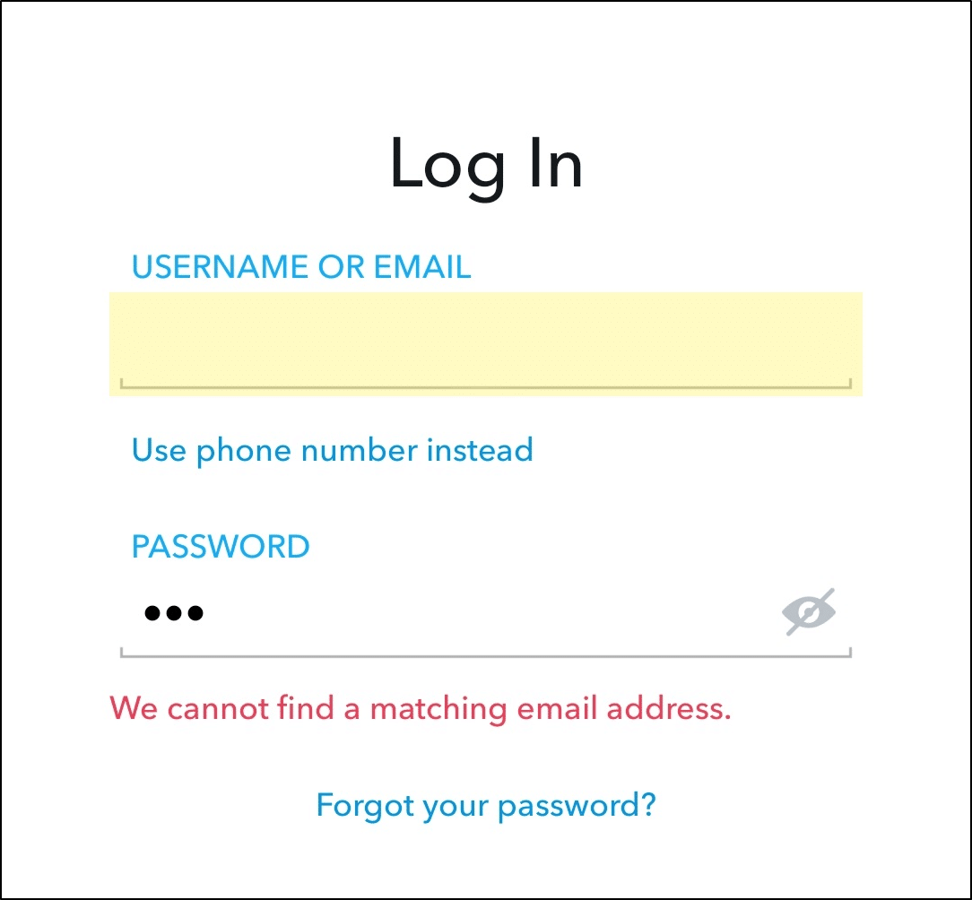 Snapchat "We cannot find a matching email address" - can't log in, sign in to Snapchat, password not working, or Could Not Connect error