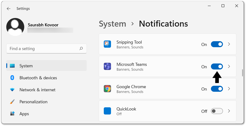 enable notification settings for Microsoft Teams application in system settings on Windows to fix Microsoft Teams desktop notifications not working on Windows or macOS